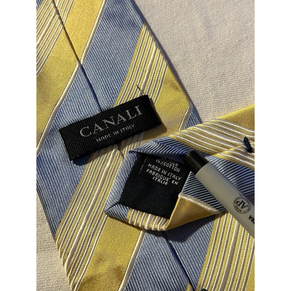 Canali Gold Powder Blue Stipes Woven Silk Cotton Blend Tie Necktie Made In Italy